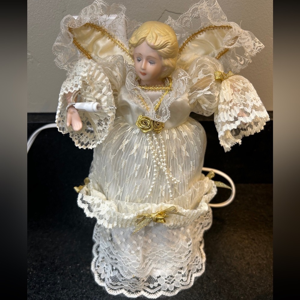 Vintage 1990s Angel Porcelain Head Animated Light Up Whimsical Tree Topper *Box*